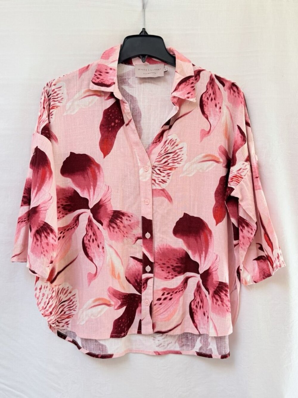 White Closet Elements Floral Blouse Womens Small Oversized Tropical Linen Beach